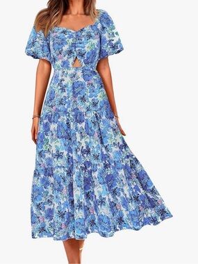 Floral Puff-Sleeve Blue Midi Dress with Front Keyhole